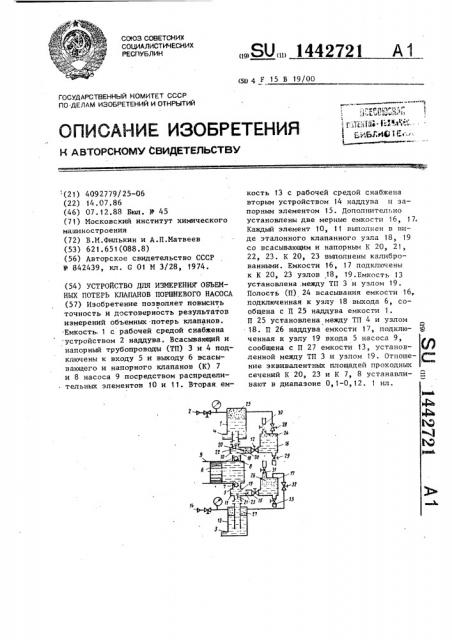 Устройство для измерения объемных потерь клапанов поршневого насоса (патент 1442721)