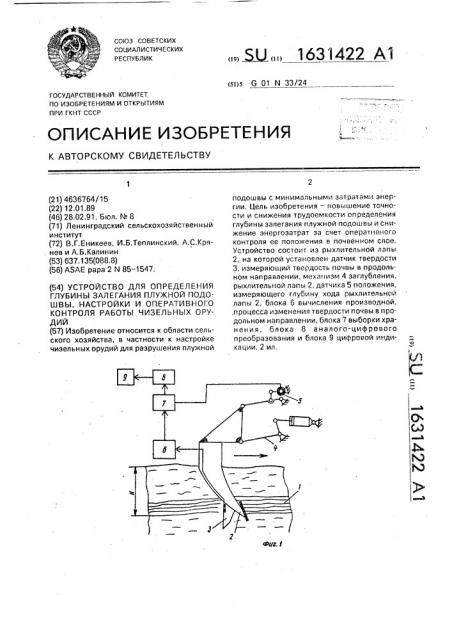 Устройство для определения глубины залегания плужной подошвы, настройки и оперативного контроля работы чизельных орудий (патент 1631422)
