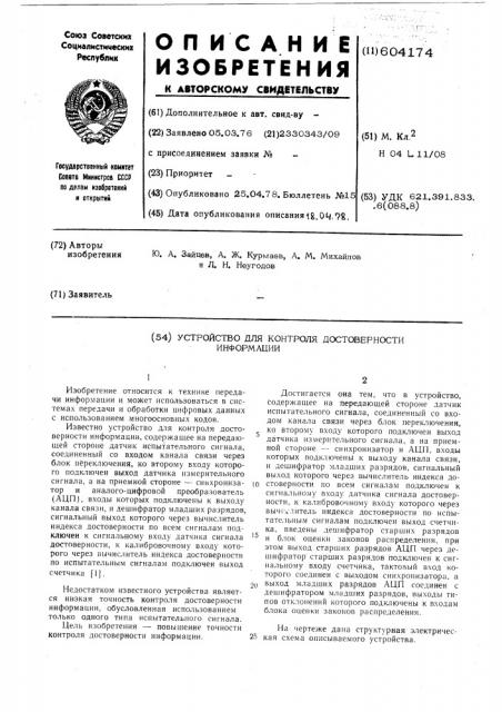 Устройство для контроля достоверности информации (патент 604174)