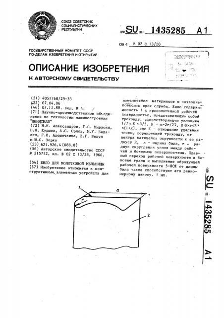 Било для молотковой мельницы (патент 1435285)