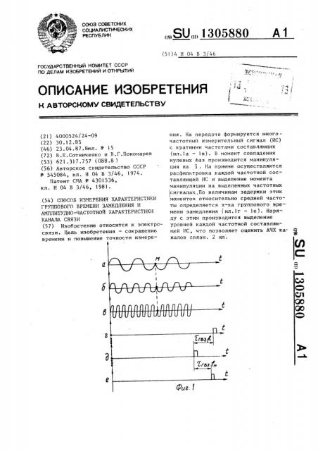 Способ измерения характеристики группового времени замедления и амплитудно-частотной характеристики канала связи (патент 1305880)