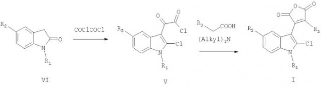 4-замещенные-3-(1-алкил-2-хлор-1н-индол-3-ил)фуран-2,5-дионы, способ их получения и применение для фотохимического генерирования стабильных флуоресцирующих соединений и (4,5-замещенные-6-алкил-1н-фуро[3,4-c]карбазол-1,3(6н)-дионы, способ их получения и применение в качестве флуорофоров (патент 2396267)