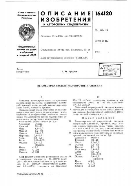 Высококремнистый жаропрочный силумин (патент 164120)