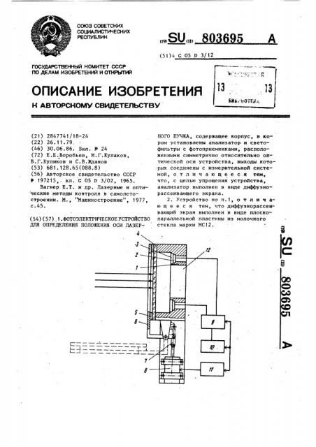 Фотоэлектрическое устройство для определения положения оси лазерного пучка (патент 803695)