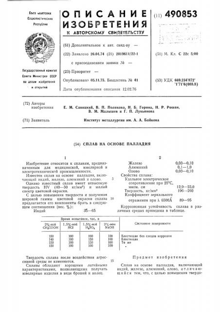 Сплав на основе палладия (патент 490853)