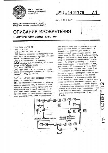 Устройство для контроля уровня шлака в конвертере (патент 1421775)