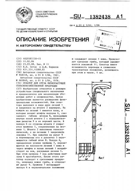 Секатор для среза низкорастущей сельскохозяйственной продукции (патент 1382438)