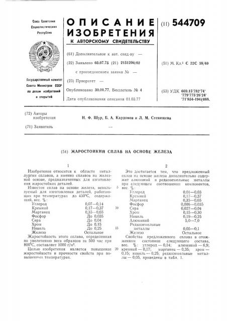 Жаростойкий сплав на основе железа (патент 544709)