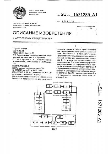 Стенд для испытания искусственных клапанов сердца (патент 1671285)