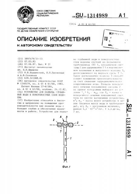 Устройство для подъема глубинной воды в поверхностные слои водоема (патент 1314989)