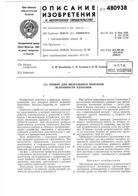 Прибор для визуального контроля исправности клапанов (патент 480938)