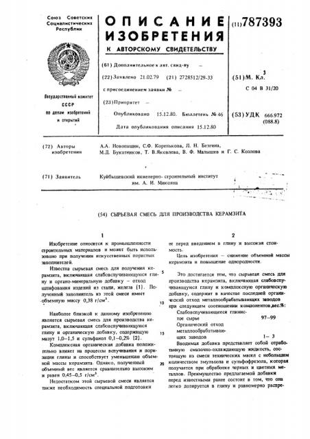 Сырьевая смесь для производства керамзита (патент 787393)