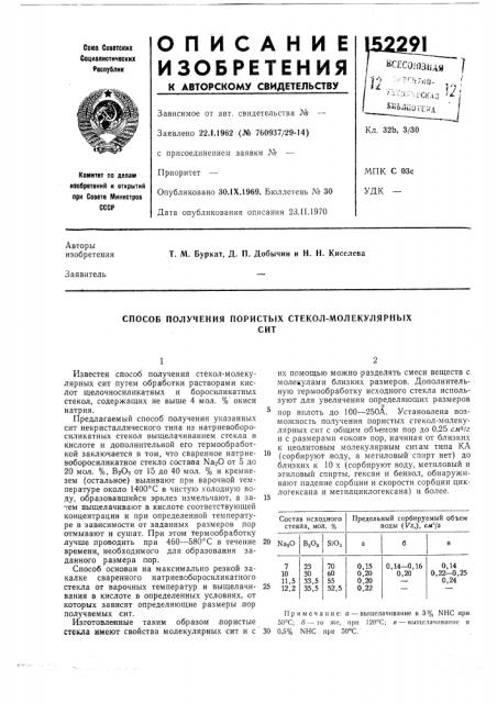 Способ получения пористых стекол-молекулярныхсит (патент 152291)