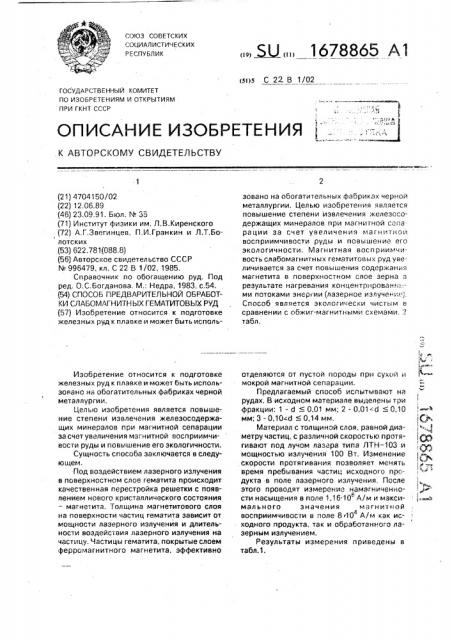 Способ предварительной обработки слабомагнитных гематитовых руд (патент 1678865)