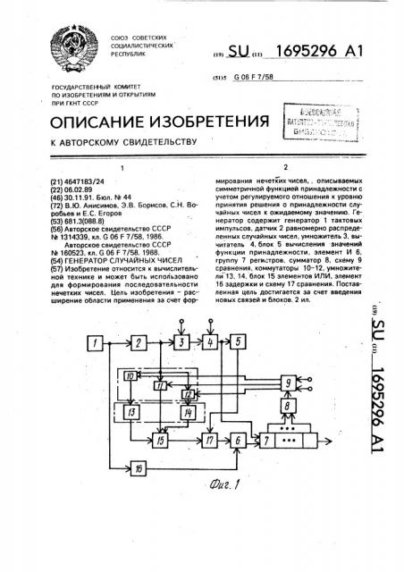 Генератор случайных чисел (патент 1695296)