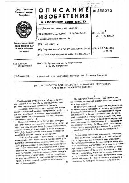 Устройство для измерения натяжения ленточного магнитного носителя (патент 568072)