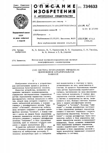 Система программного управления одноножевой бумагорезальной машиной (патент 734633)