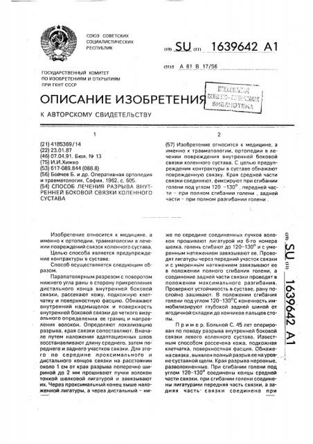 Способ лечения разрыва внутренней боковой связки коленного сустава (патент 1639642)