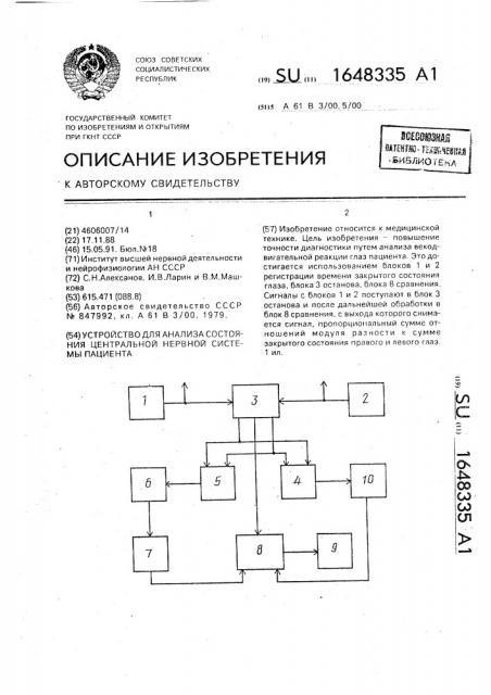 Устройство для анализа состояния центральной нервной системы пациента (патент 1648335)