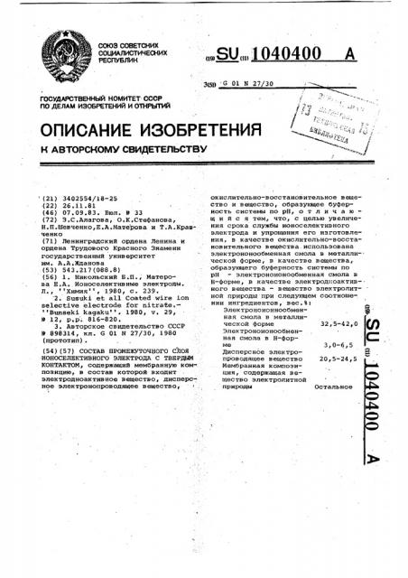 Состав промежуточного слоя ионоселективного электрода с твердым контактом (патент 1040400)