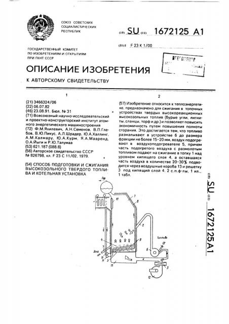 Способ подготовки и сжигания высокозольного твердого топлива и котельная установка (патент 1672125)