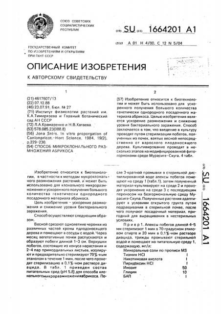 Способ микроклонального размножения абрикоса (патент 1664201)