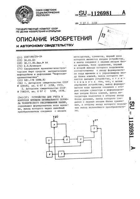 Устройство для учета и контроля времени оптимального периода технического обслуживания машин (патент 1126981)