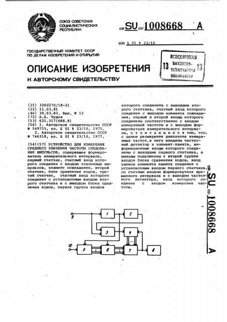 Устройство для измерения среднего значения частоты следования импульсов (патент 1008668)