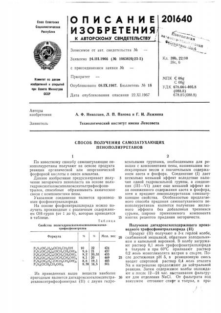 Способ получения самозатухающих пенополиуретанов (патент 201640)