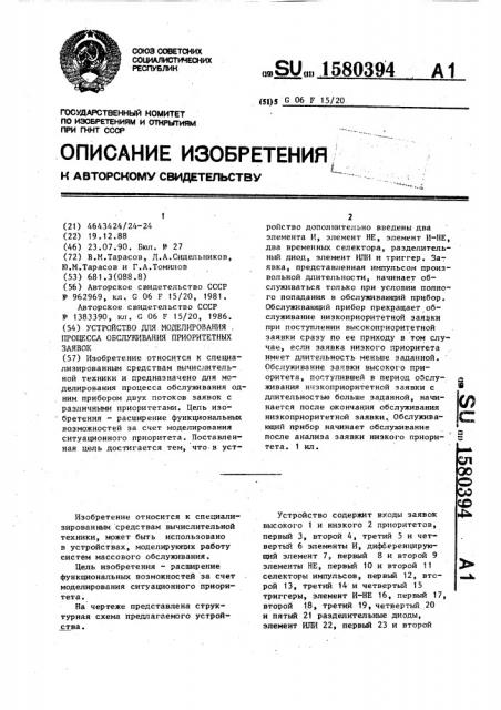 Устройство для моделирования процесса обслуживания приоритетных заявок (патент 1580394)
