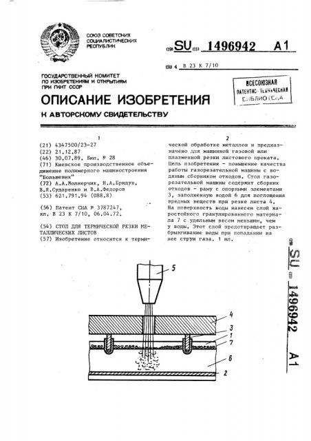 Стол для термической резки металлических листов (патент 1496942)