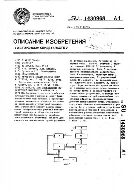 Устройство для определения показателей надежности объектов (патент 1430968)