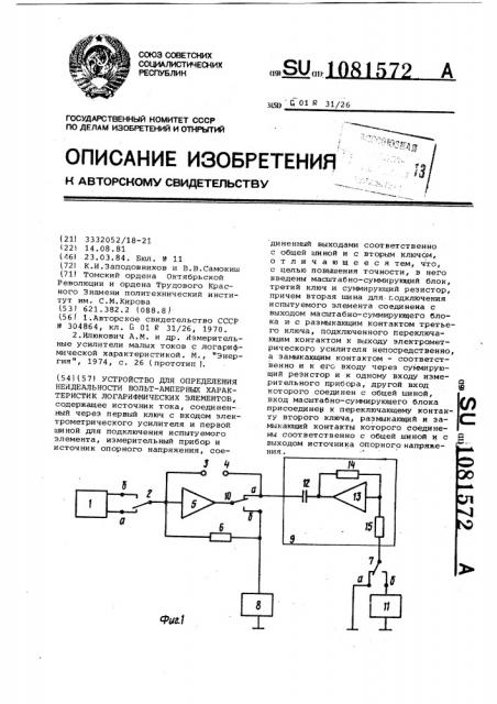 Устройство для определения неидеальности вольтамперных характеристик логарифмических элементов (патент 1081572)