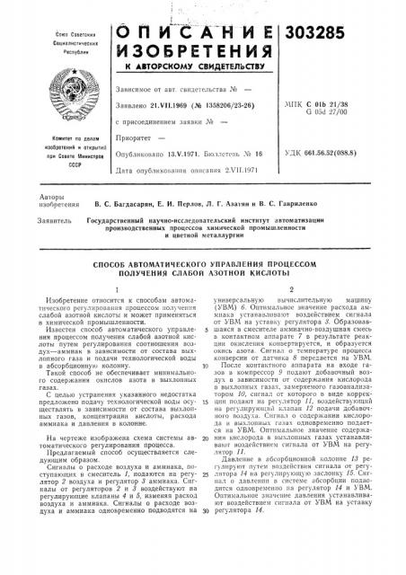 Способ автоматического управления процессом получения слабой азотной кислоты (патент 303285)