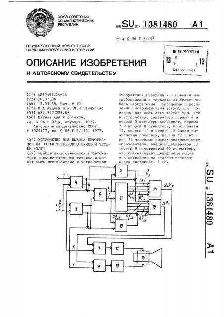 Устройство для вывода информации на экран электронно- лучевой трубки (патент 1381480)