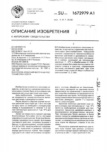 Способ хранения маточных растений лука порея (патент 1672979)