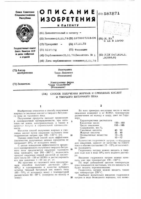 Способ получения жирных и смоляных кислот и твердого битумного пека (патент 587871)