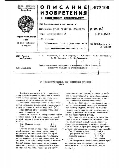 Пенообразователь для поризации бетонной смеси (патент 872495)