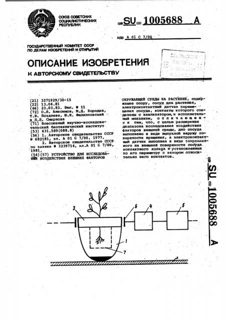 Устройство для исследования воздействия внешних факторов окружающей среды на растение (патент 1005688)