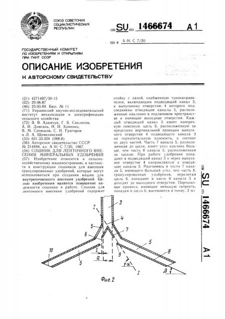 Сошник для ленточного внесения минеральных удобрений (патент 1466674)