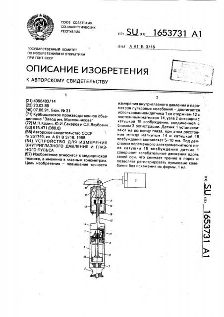 Устройство для измерения внутриглазного давления и глазного пульса (патент 1653731)