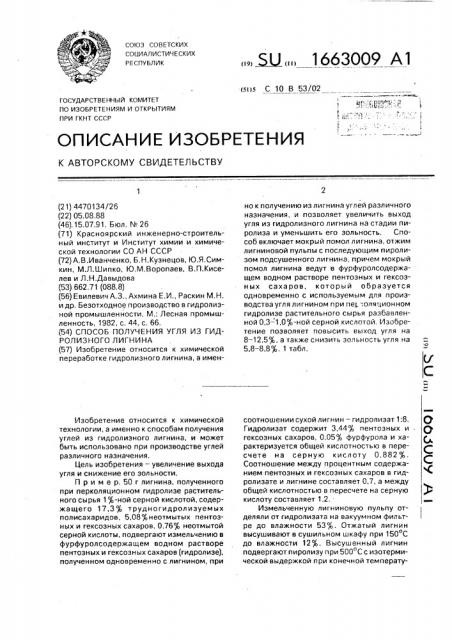 Способ получения угля из гидролизного лигнина (патент 1663009)