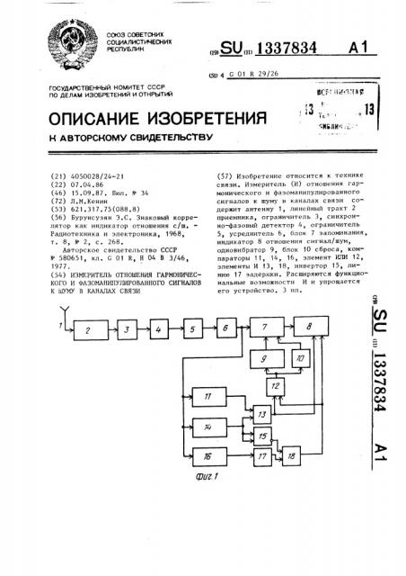 Измеритель отношения гармонического и фазоманипулированного сигналов к шуму в каналах связи (патент 1337834)