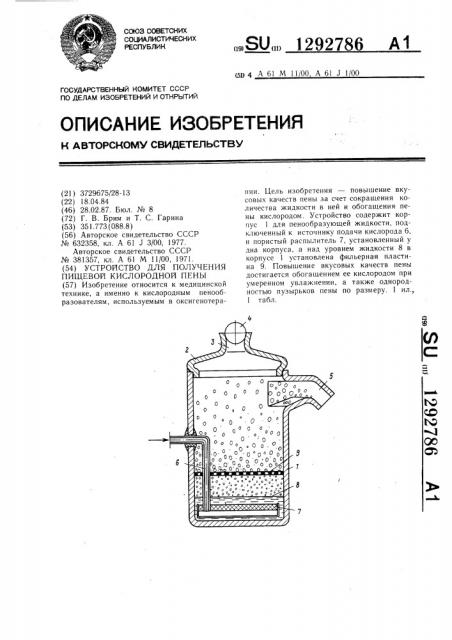 Устройство для получения пищевой кислородной пены (патент 1292786)