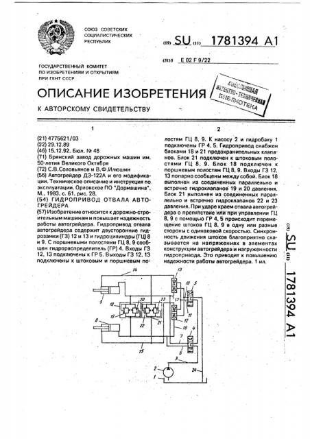 Гидропривод отвала автогрейдера (патент 1781394)