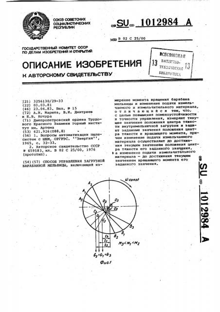 Способ управления загрузкой барабанной мельницы (патент 1012984)