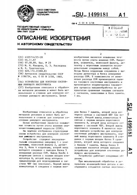 Устройство для контроля состояния режущего инструмента (патент 1499181)
