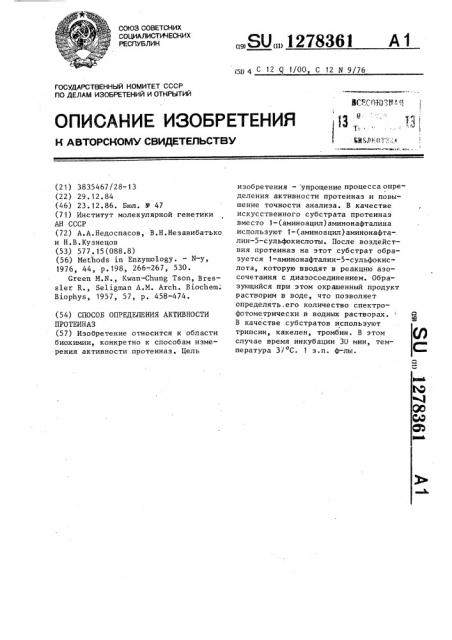 Способ определения активности протеиназ (патент 1278361)