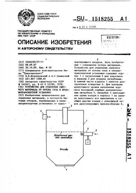 Устройство для отделения сыпучего материала от потока газа в пневмотранспортной установке (патент 1518255)