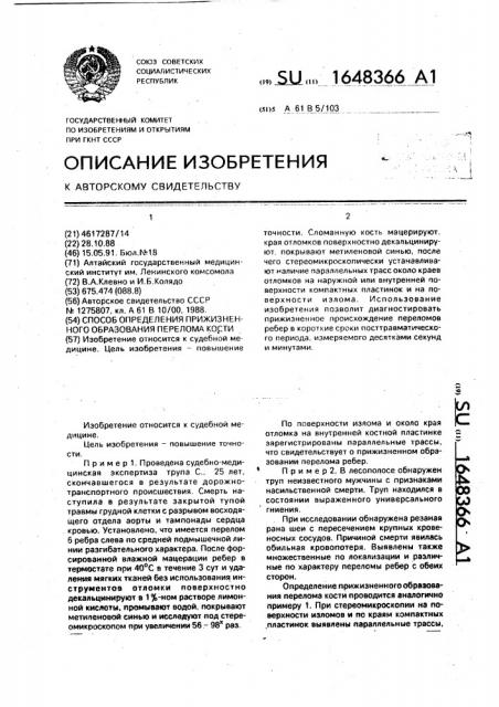 Способ определения прижизненного образования перелома кости (патент 1648366)